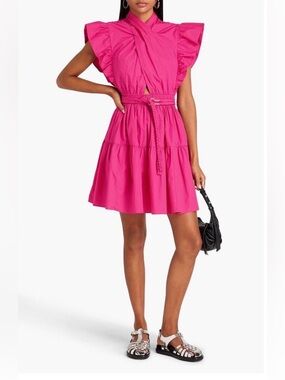 DEREK LAM 10 CROSBY Finn Pink Belted Ruffled Cotton-Poplin Mini Dress Size EU 44